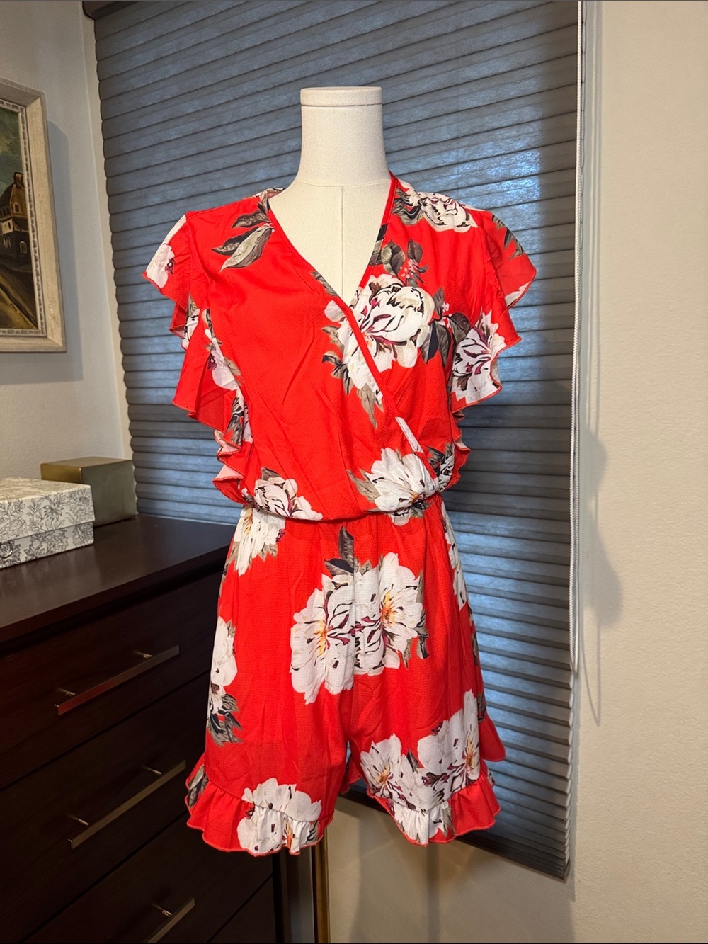 Woman's Red Floral Ruffle Romper. Size Small